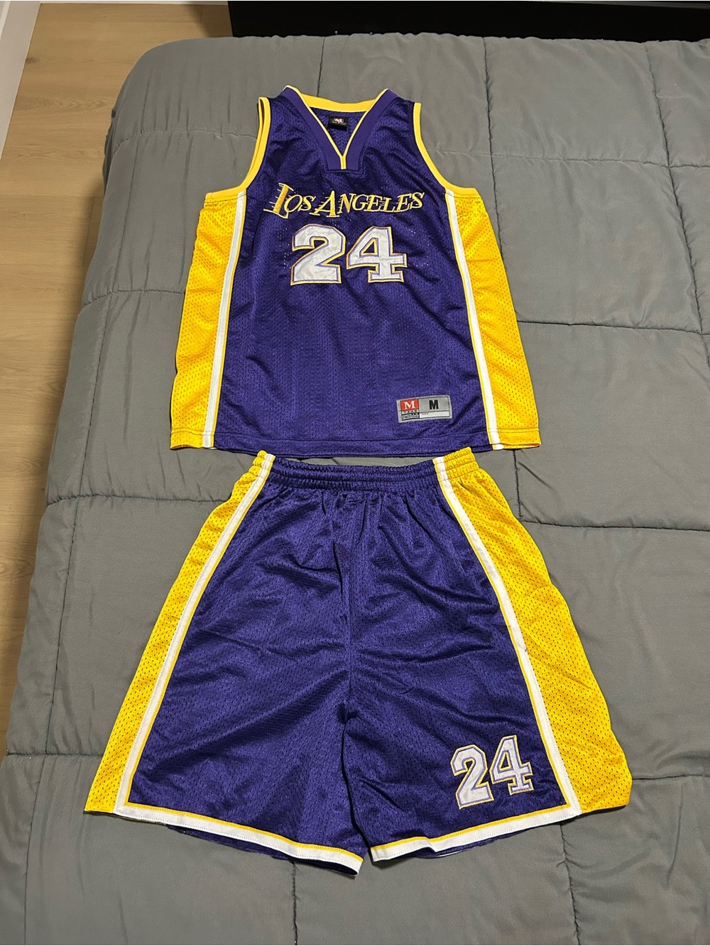 Los Angeles #24 Purple and Yellow Basketball Jersey and Shorts Set. READ